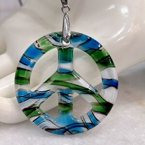 Multicolor Blown Glass Peace Sign Pendant Necklace